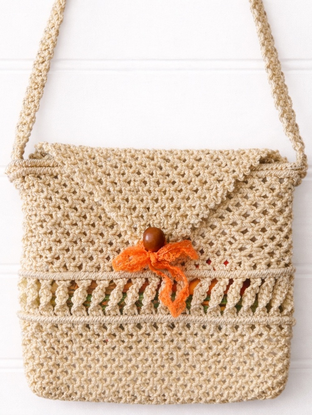Vintage Macrame Mini Purse Boho Crochet Crossbody Bag 70s Style Lined Small - Picture 2 of 7